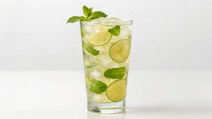 A tall glass filled with ice, fresh lime slices, and vibrant mint leaves, a classic and refreshing cocktail or non-alcoholic drink.

