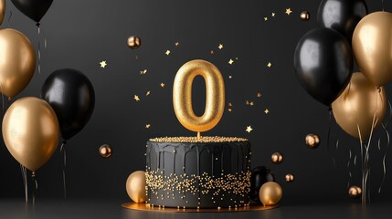 Elegant black cake with gold zero, balloons, confetti; tenth birthday celebration