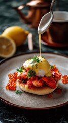 Lobster caviar eggs benedict served with homemade horseradish cream in an upscale dining setting, balancing sweetness and richness for a gourmet experience