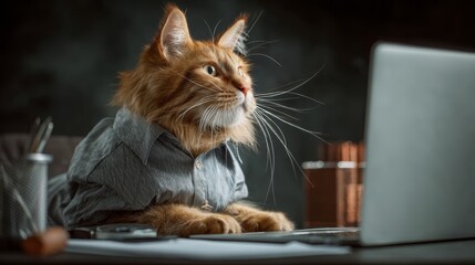 Highly productive cat focused on work in office