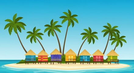 Obraz premium Tropical Island Paradise Beach Huts Vacation Getaway Palm Trees Ocean