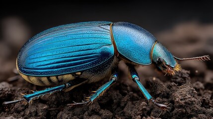 Naklejka premium Vibrant blue beetle on dark soil