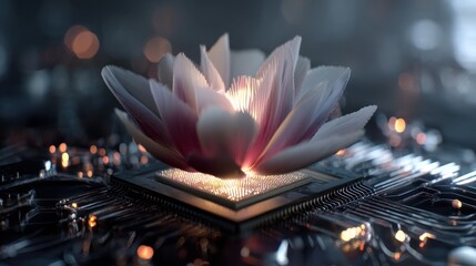 Blooming petals of data rise from a processor chip, merging nature and technology in a captivating fusion of beauty and innovation in a dark cybernetic environment