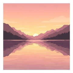 Obraz premium Serene Sunset over Mountain Lake Peaceful nature landscape with calm water reflecting golden hour light and tranquil mountains