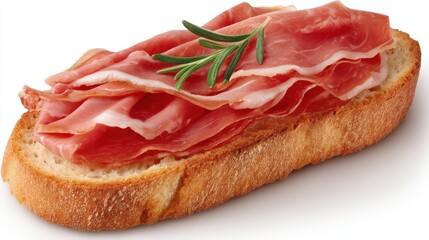 Open faced rustic sandwich with thin slices of cured ham on toasted bread topped with rosemary sprig on plain white plate for savory stock imagery