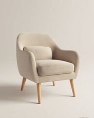 Elegant beige armchair with minimalist design features soft fabric and wooden legs in a serene studio environment