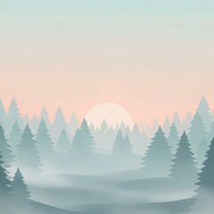 Fototapeta premium Serene Sunrise over Misty Pine Forest Winter Landscape Pastel Colors Nature Scenery
