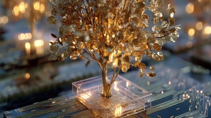 Golden tree emerges from a futuristic circuit board, symbolizing technological harmony and sustainable growth in a vibrant landscape