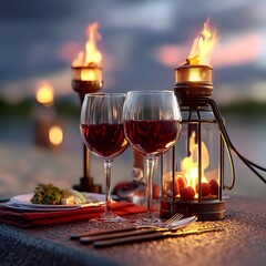 Realistic Image of Wine Glasses and Candlelight for Ferragosto Romantic Poster