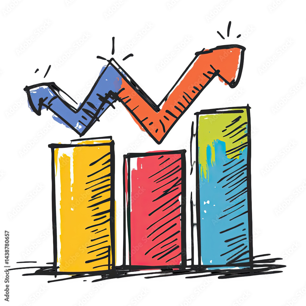 Poster colorful hand drawn bar chart showing growth and progress statistics red on transparent background