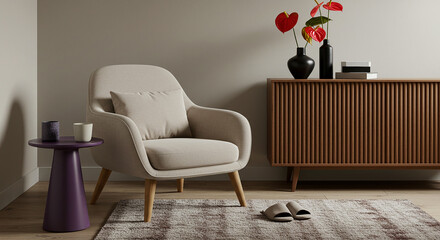 A staged living room with a beige armchair, wooden cabinet, and purple side table with decor items