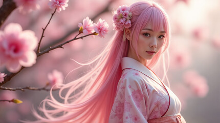 Fototapeta premium super hyper realistic photo of asian woman in Japanese costume with long pink hair with blooming sakura, swirly bokeh, middle shoot