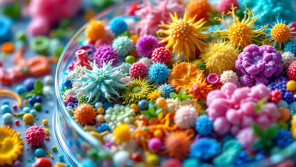 A petri dish containing an array of colorful, intricate bacteria and stunning ingredients