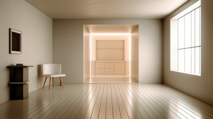 A large empty room with a white chair and a white cabinet