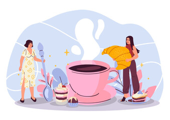 Women on coffee break. Young girls near large tea cup with huge croissant. Beverage, dessert and delicacy. Discussion and communication. Rest after work. Flat vector illustration