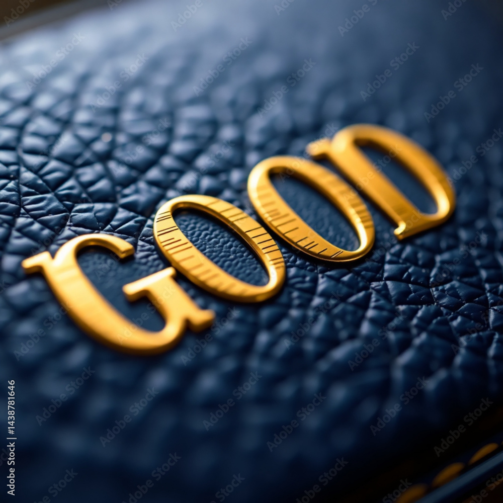 Poster close up of the word good in golden letters on a textured dark blue surface with shallow depth of fi
