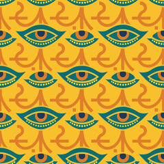 Vibrant decorative pattern featuring eyes and symbols on bright yellow background showcasing cultural artistry Generative AI