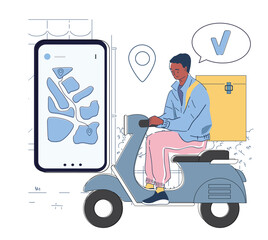 Courier delivers order. Man with bag on scooter near smartphone with map. Shipping and transportation, distribution. Online shopping and home delivery. Linear vector illustration