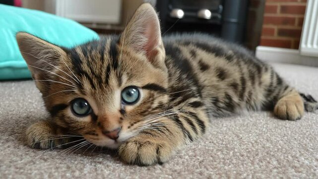 Playful tabby kitten with striking blue eyes resting on a cozy carpet in a living room in the afternoon light