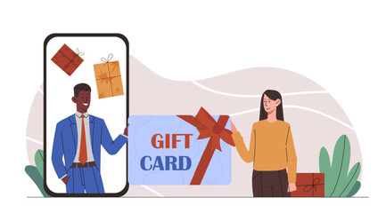 Man gives gift card. Young guy on smartphone screen gives girl bonus card. Coupon and certificate. Discounts and sales. Marketing and advertising, promotion. Flat vector illustration