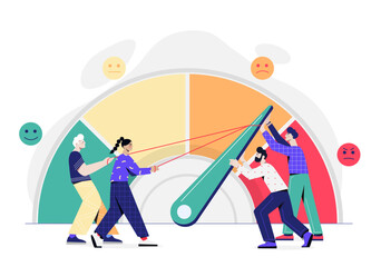 People with mood gauge meter. Men and woman push feelings indicator. Anxiety and stress, mental burnout. Tired people with emotions meter. Flat vector illustration