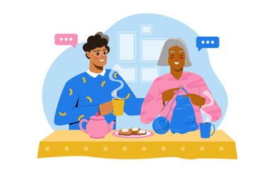 Grandson with grandmother. Old woman and boy drinking tea with dessert. Family spending time together indoors. Help and support. Good relations. Flat vector illustration