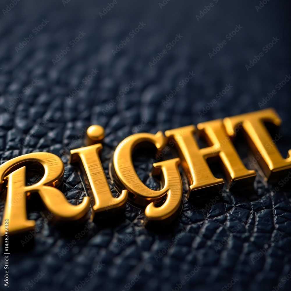 Poster close up of the word right in gold lettering on a textured dark surface creating a luxurious feel cr