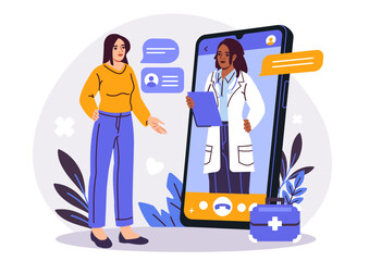 Medical consultation online. Woman call doctor in medical uniform. Healthcare and medicine, telemedicine. Diagnosis and treatment on internet. Flat vector illustration