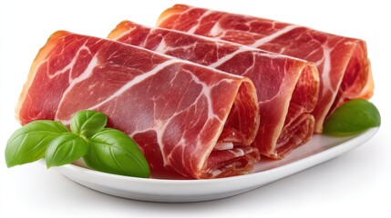 Thin slices of cured meat folded delicately on white plate garnished with green herbs for rustic gourmet charcuterie stock food photography setup
