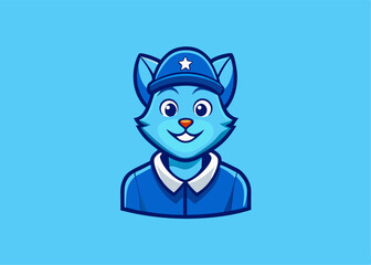 Fototapeta premium Blue Cat Police Officer Mascot: A friendly, blue cat mascot wearing a police officer's hat and uniform, perfect for children's safety campaigns or playful branding.