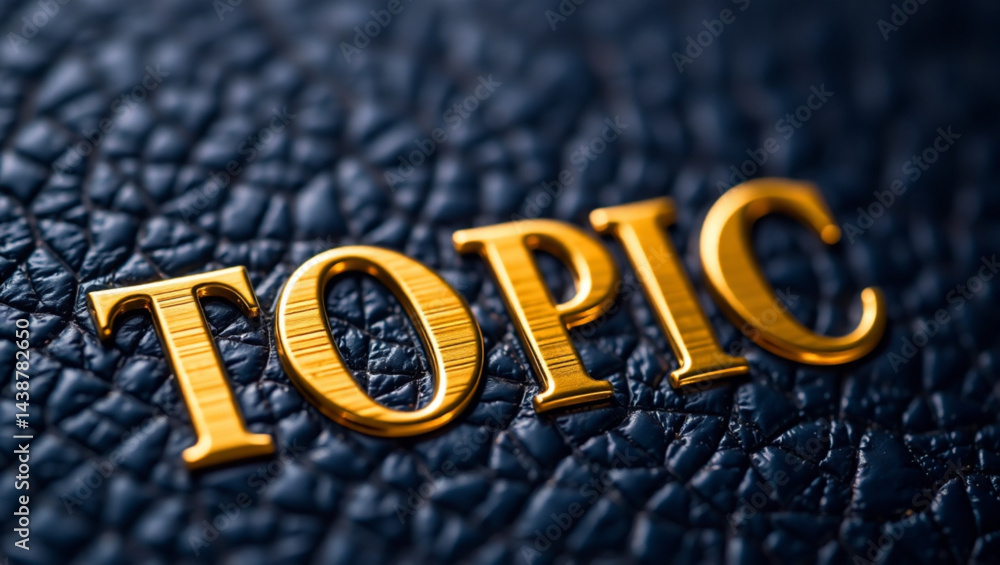 Poster golden topic letters on a dark blue textured background in macro photography style with a focus on d