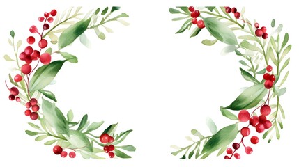 Fototapeta premium Circular Christmas frame of green leaves and red berries for festive designs