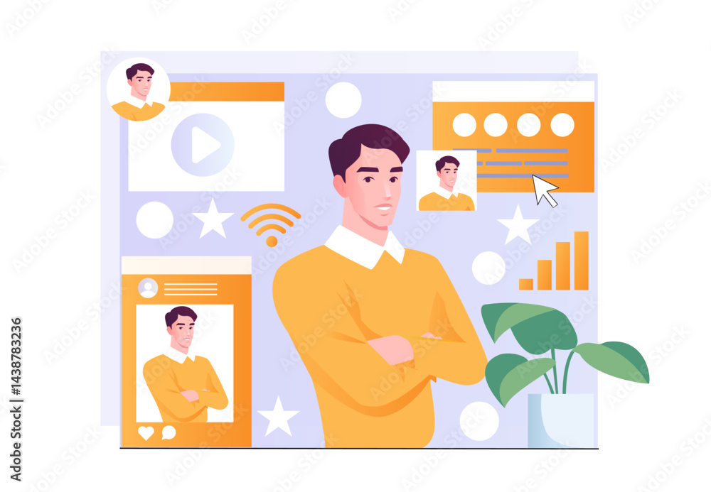 Poster blog promotion. man near posts and articles. marketer promotes content on internet and social networ