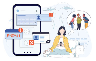 Woman suffer from cyberbullying. Young girl with smartphone in hands read negative comments. Harassment in social networks. Negative feelings and emotions. Linear vector illustration