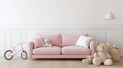 Pink sofa, toys, bike in minimalist kids' room