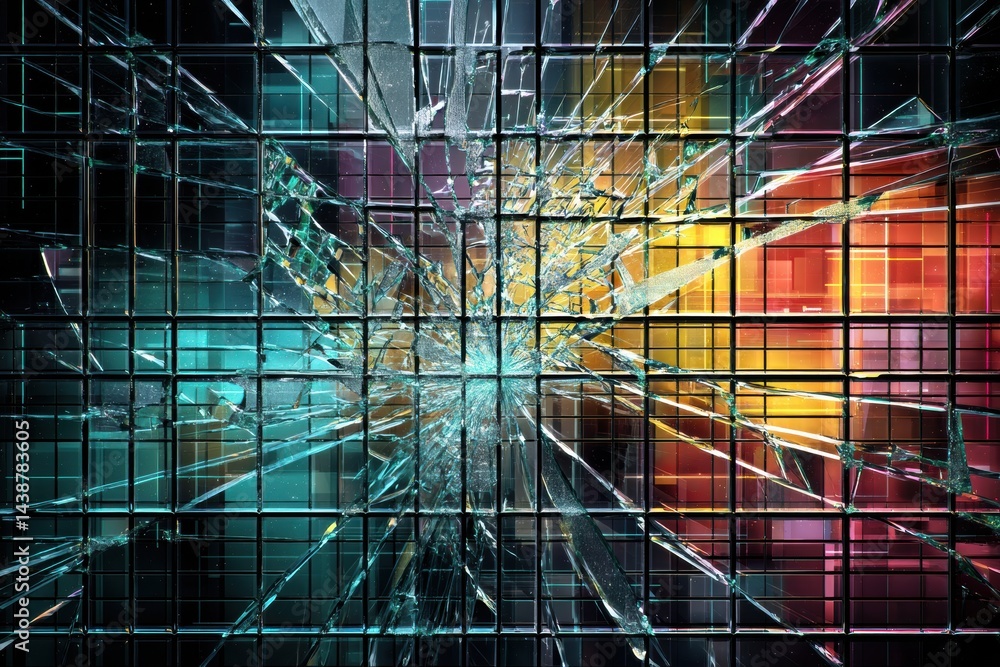Poster stylized broken glass screen with glitch effects symbolizing technological disruption in a vibrant d