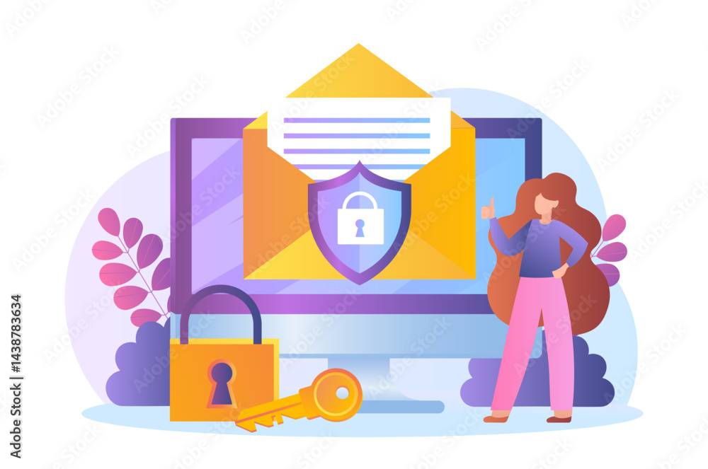 Poster personal data security. woman near computer with secure letter. internet security, protection from v