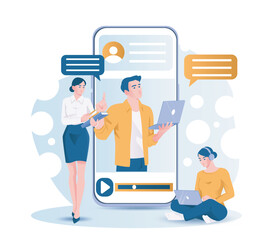 Fototapeta premium Personal tutor online. Women near smartphone with man on screen. Education and learning on Internet. Online business school. Webinar and lecture. Flat vector illustration