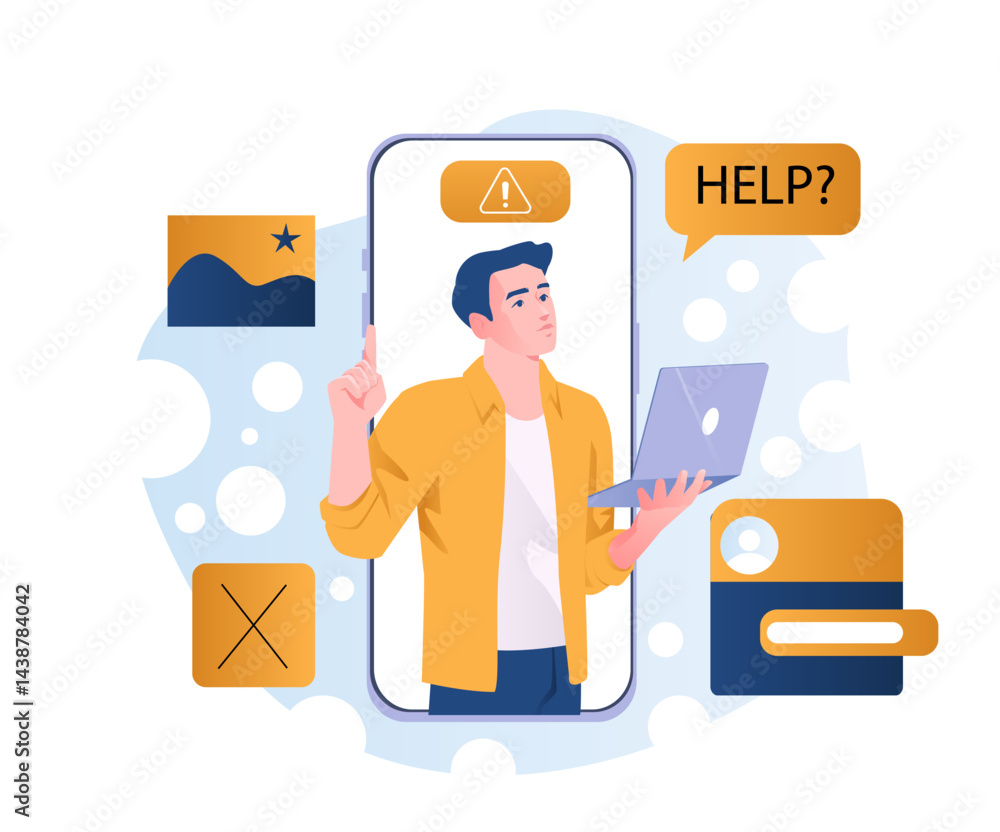 Poster online website support. man with laptop on smartphone screen. faq and answers to frequently asked qu