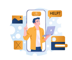Online website support. Man with laptop on smartphone screen. FAQ and answers to frequently asked questions. Technical support and consultation. Flat vector illustration