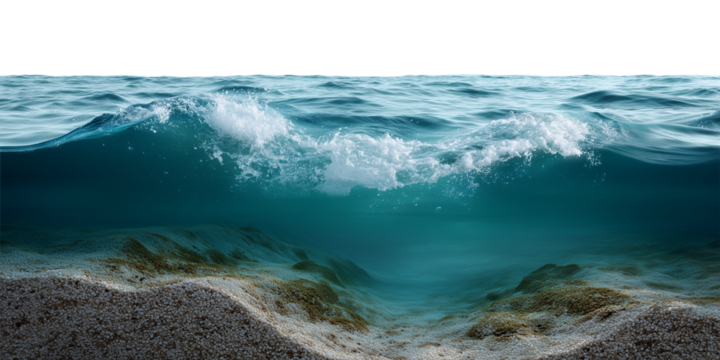A wave is crashing on the shore. The water is blue and the sand is white. The wave is very large and is crashing into the shore .The ocean in section, the sea is rectangular.