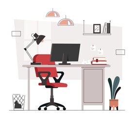 Comfortable home workplace. Table with computer and lamp, armchair. Empty workspace in house. Modern furniture interior. Place for freelancer. Flat vector illustration