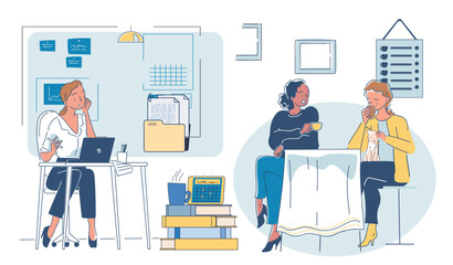 Work coffee break. Women sitting in office and drinking tea. Comfortable office. Organizing efficient work process. Coworkers and colleagues. Linear vector illustration