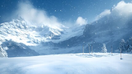 Fototapeta premium A breathtaking panoramic view of snow-covered mountains under a bright winter sky with light snowfall adding to the serene landscape.