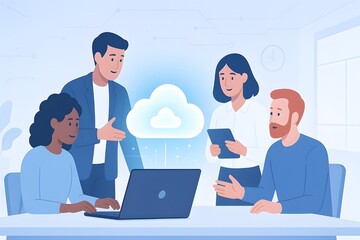 Office Team Collaborating with Cloud Technology and Laptop