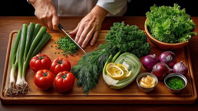 Close-up of person chopping fresh herbs and vegetables on a wooden cutting board in a kitchen