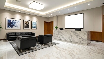 Modern office reception area with marble counter, black leather seating, and large blank screen.