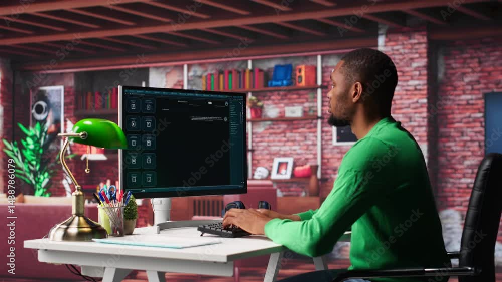 Poster african american guy at home asks questions to ai chatbot virtual assistant, typing user prompts to 