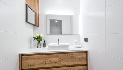 Modern bathroom interior with white tiles, light wood vanity, and white sink.  Fresh flowers add a touch of nature.