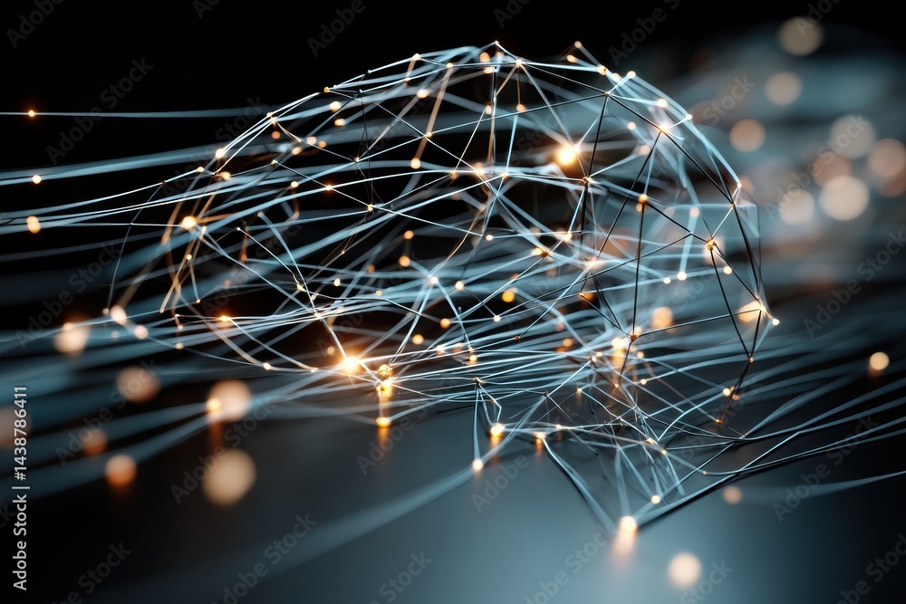 Poster illuminated ai brain composed of light nodes and glowing wires against a minimal dark background sho